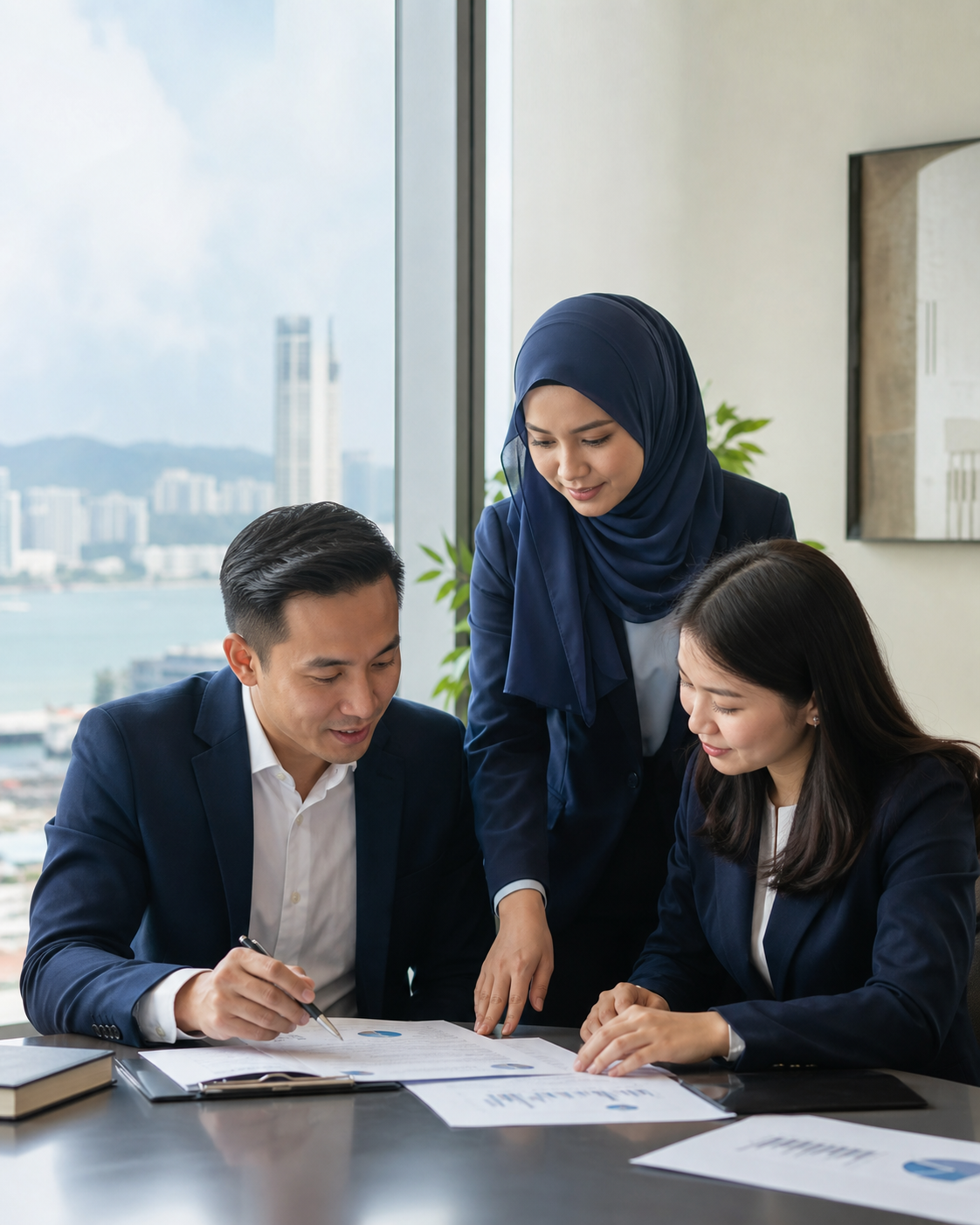 A Malaysian accounting team reviewing business plans together