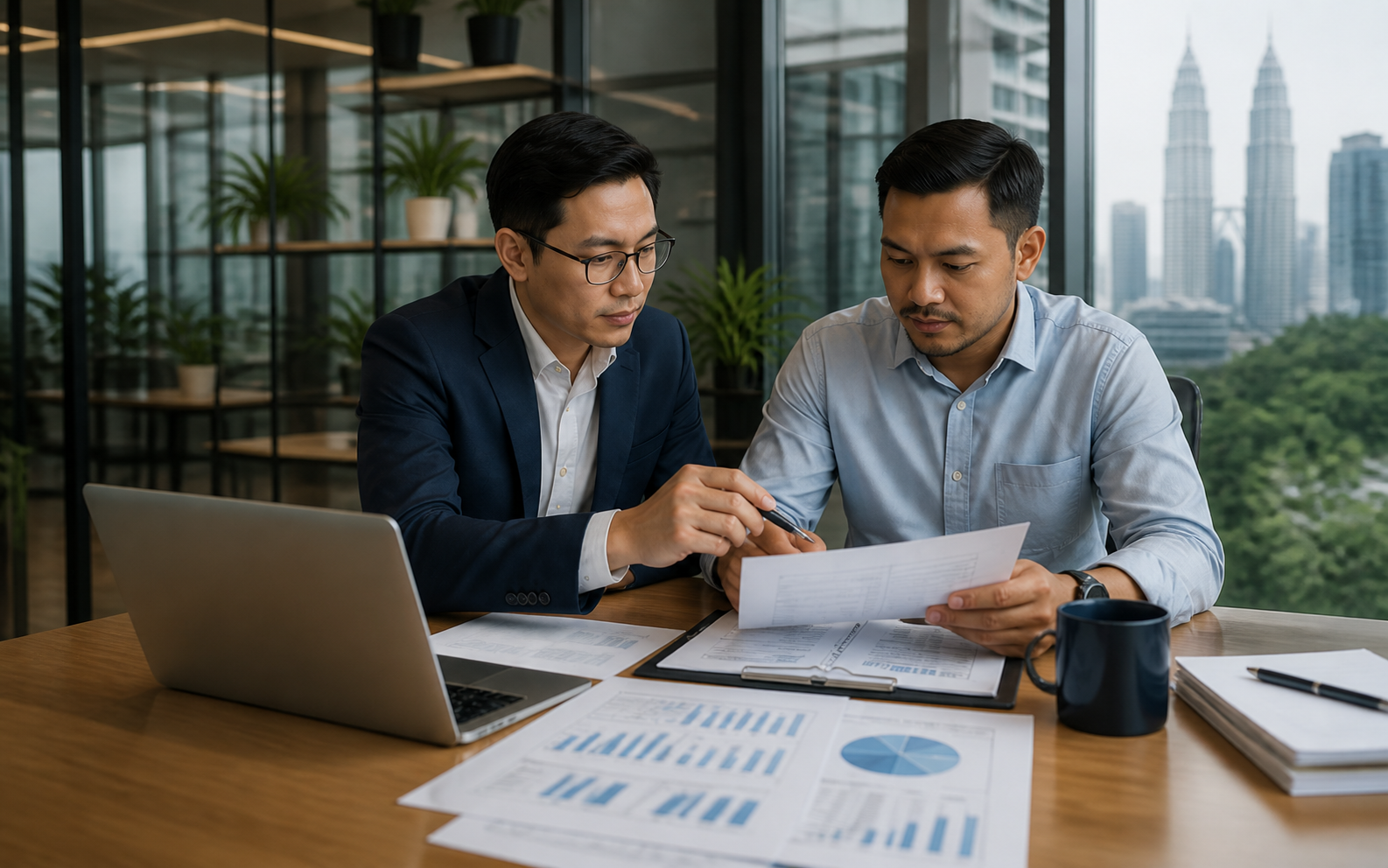A chartered accountant reviewing financial reports with a Malaysian business owner